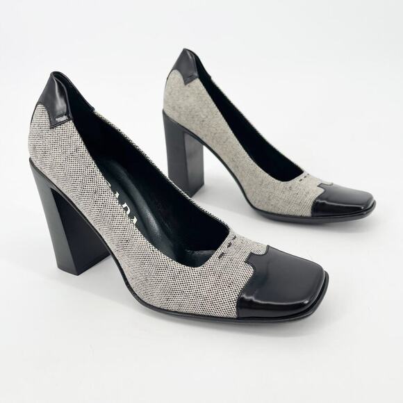 Prada Vintage 90s Black Leather Trim Gray Fabric Square Toe Block Heels IT 38 - Picture 1 of 10